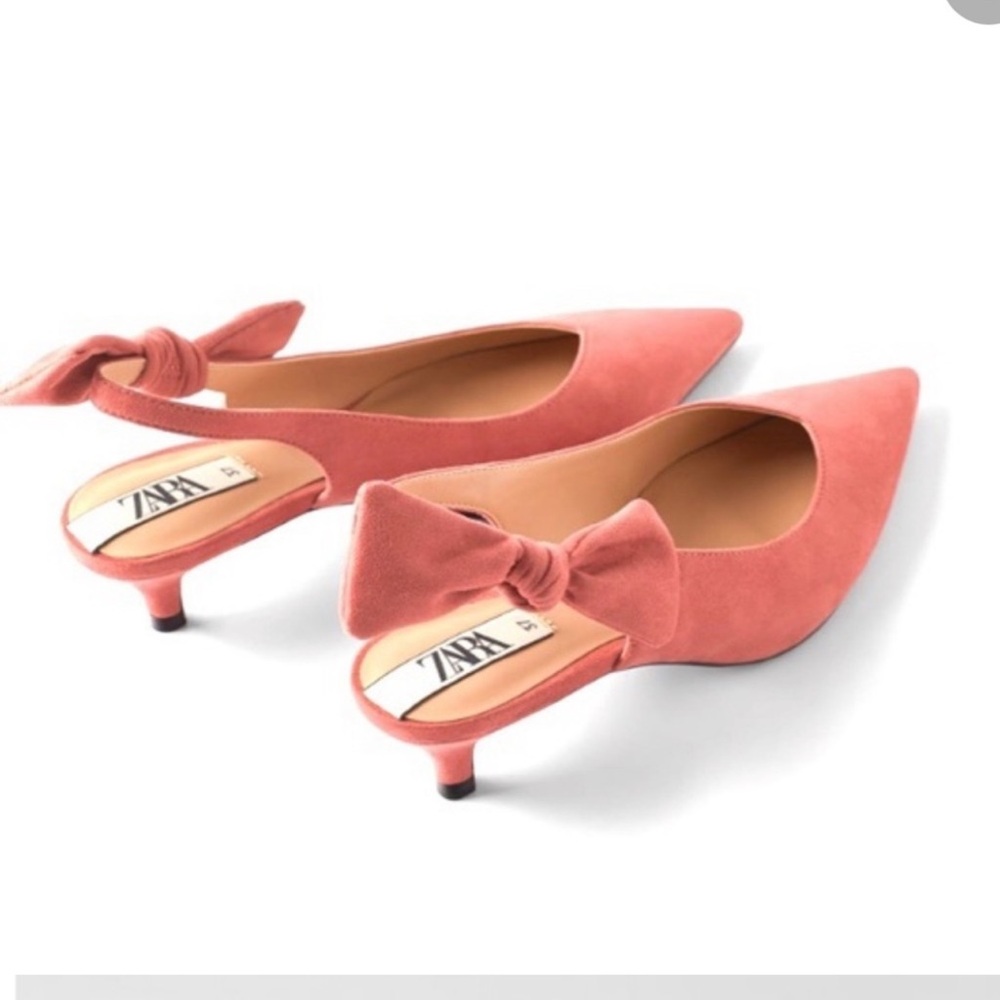 Zara Suede Bow Slingback Pointy Toe Pink Kitten Heels, Size 37